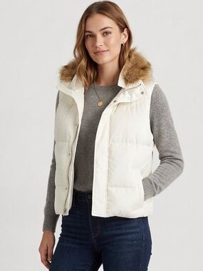 Lauren Ralph Lauren Down Puffer Vest Stand Faux Fur Collar Sz L  Cream/White